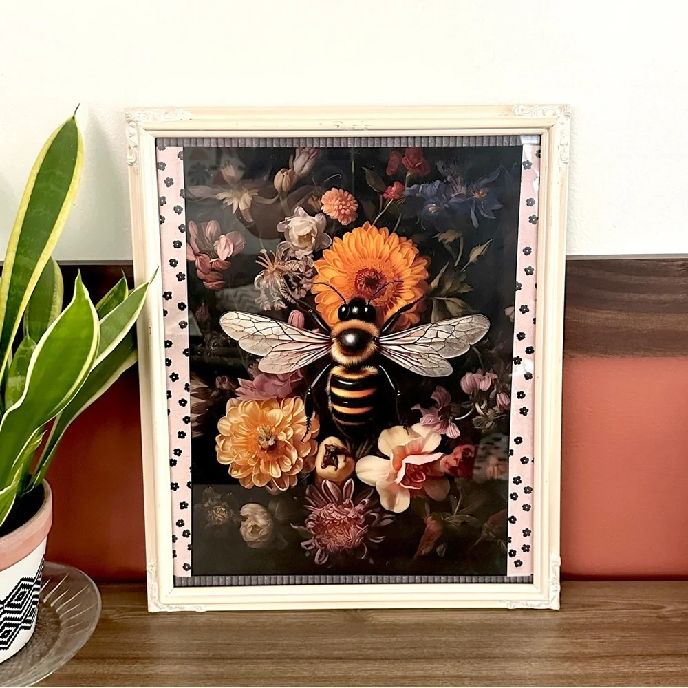 Bumblebee Moody Floral Dark Bee Canvas Print Ornate White Frame Dark Art Boho